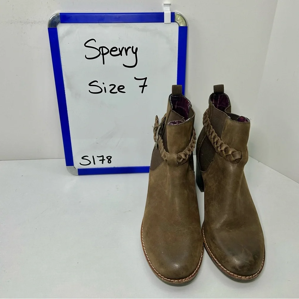 Sperry Top-Sider Liberty Brown Leather Ankle Boots Braided Buckle Detail Sz 7